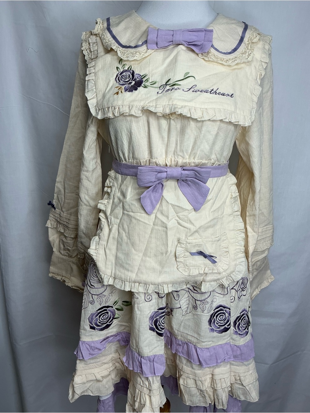 2253 - Cream & Lavender Ruffle Dress with Rose Embroidery